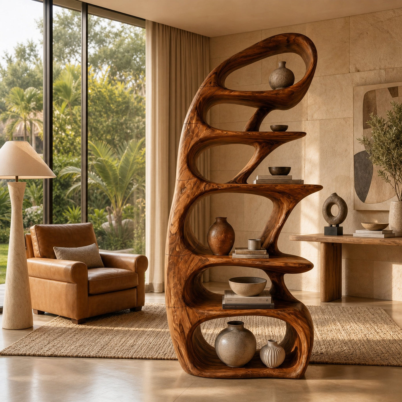 Sculptural Bookshelf With Tree Inspired Curved Shelves And Solid Wood Frame For Living Room - product view 6