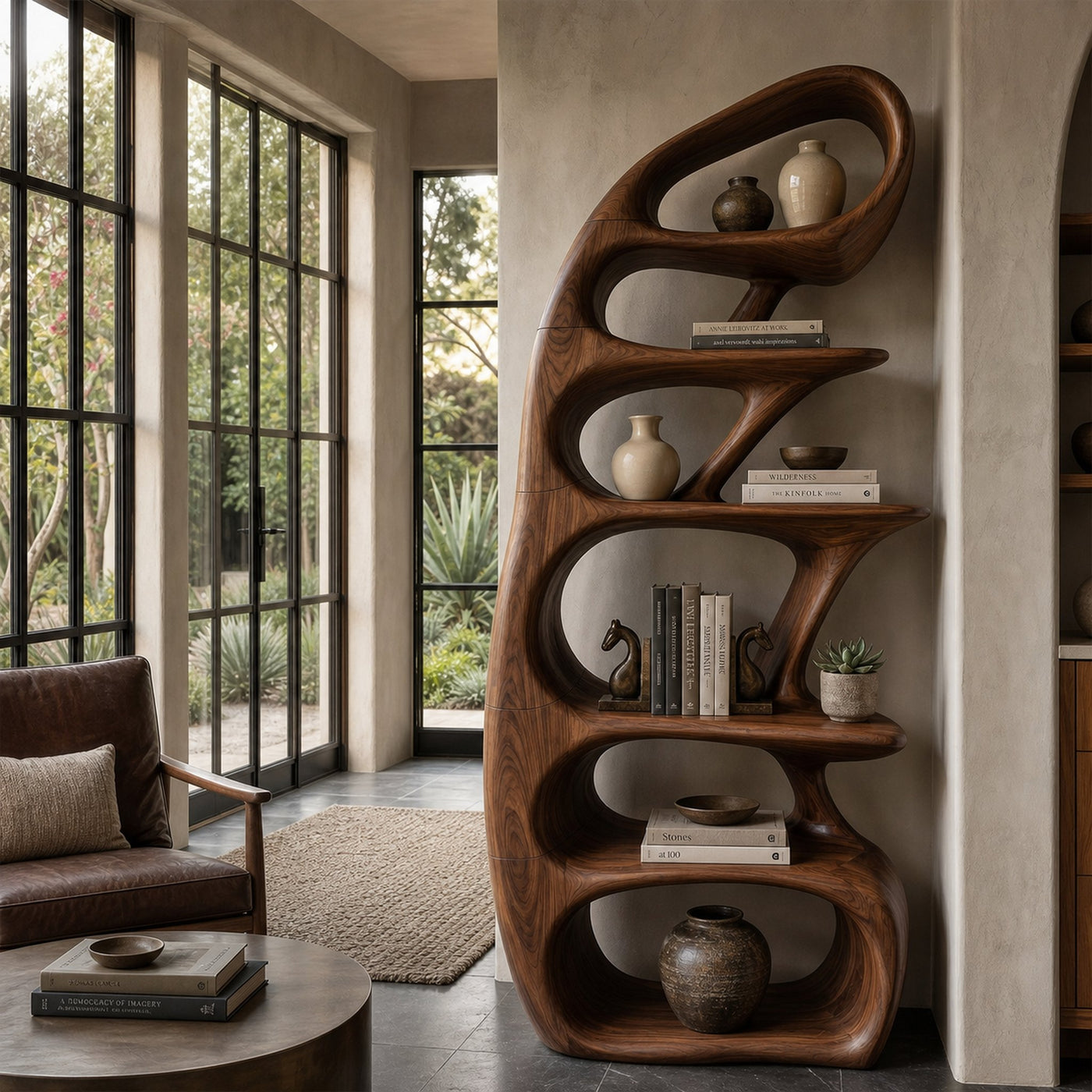 Sculptural Bookshelf With Tree Inspired Curved Shelves And Solid Wood Frame For Living Room - product view 7