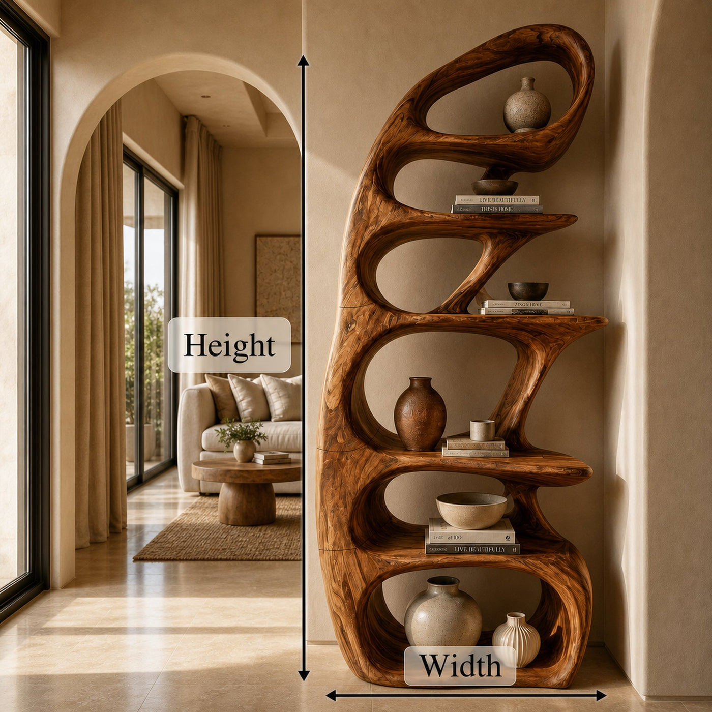 Sculptural Bookshelf With Tree Inspired Curved Shelves And Solid Wood Frame For Living Room - product view 8