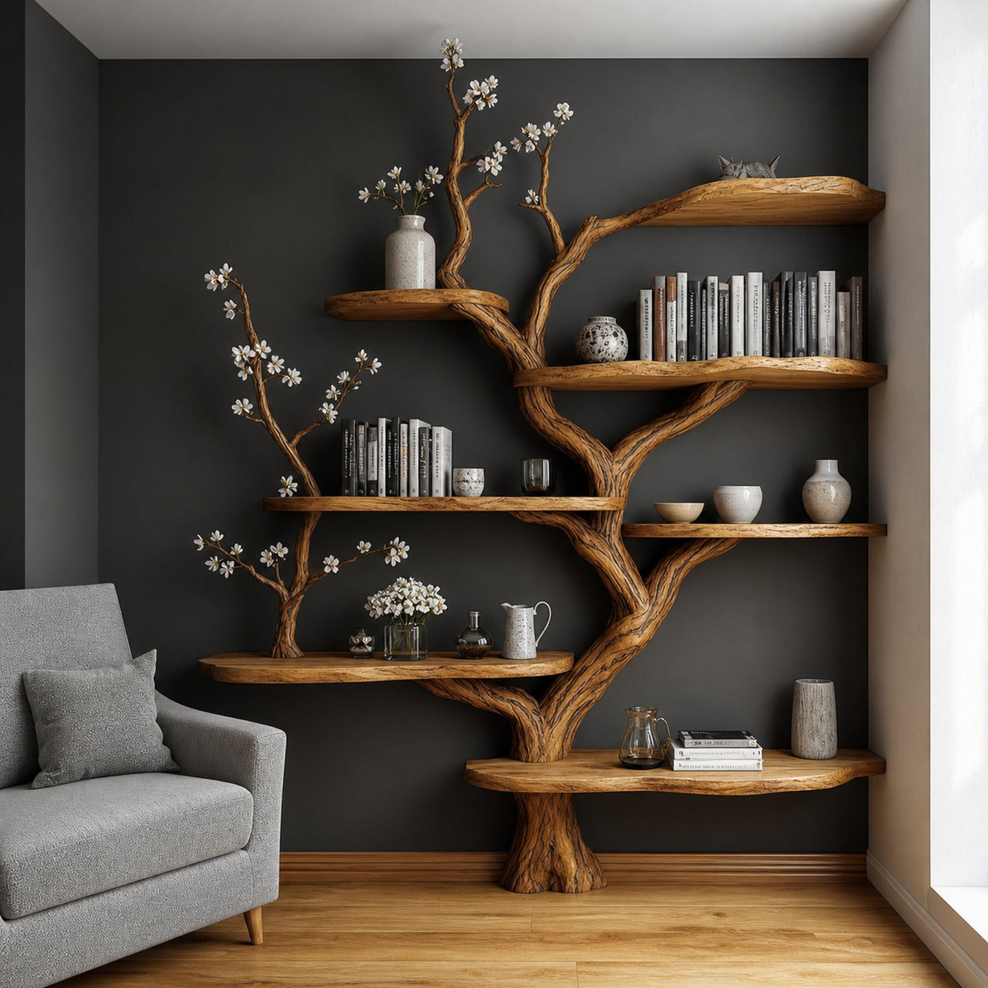 Sculptural Branch Bookcase Living Room Interior Alcove Storage
