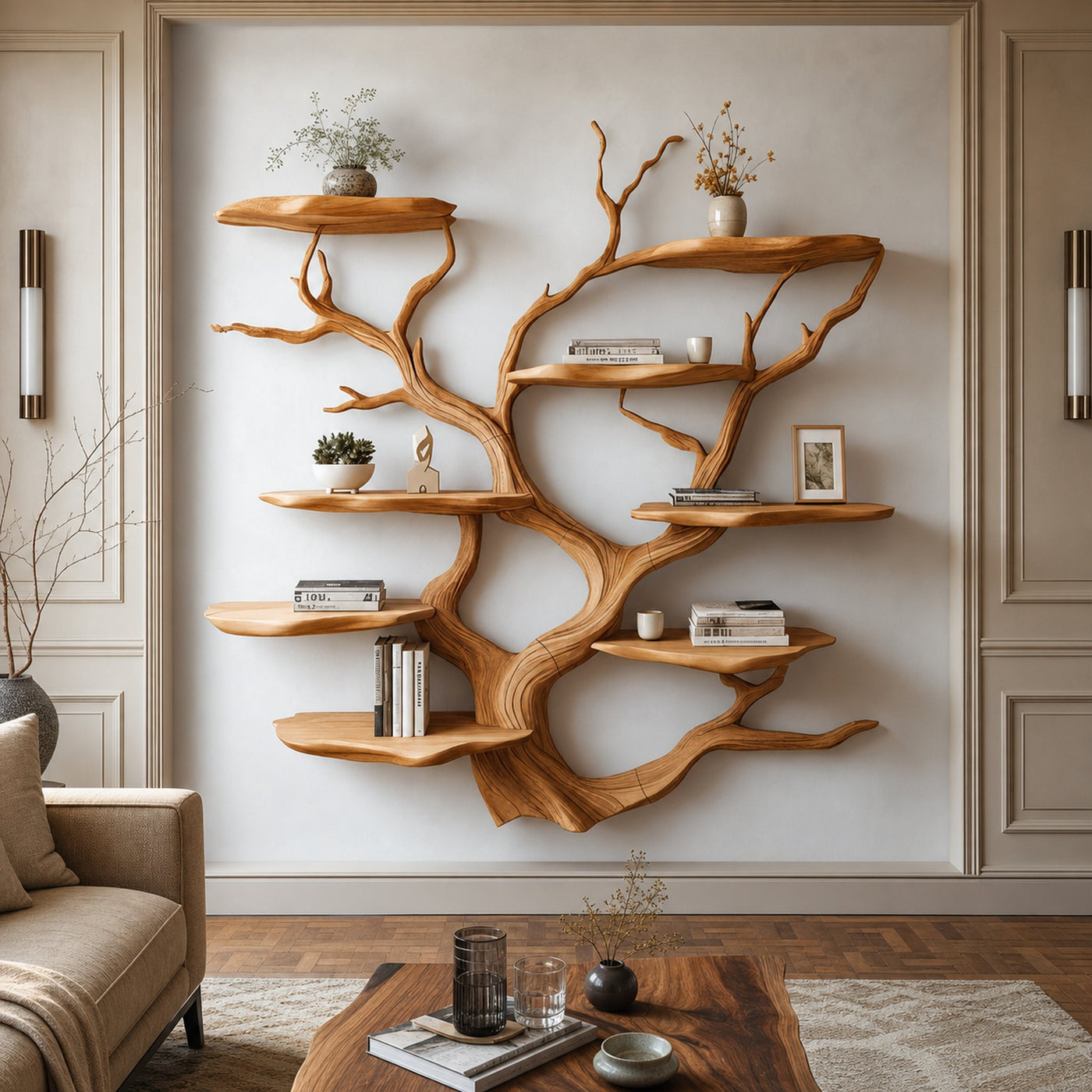 Sculptural Branch Wall Shelf Solid Wood Living Room Interior Artistic Feature
