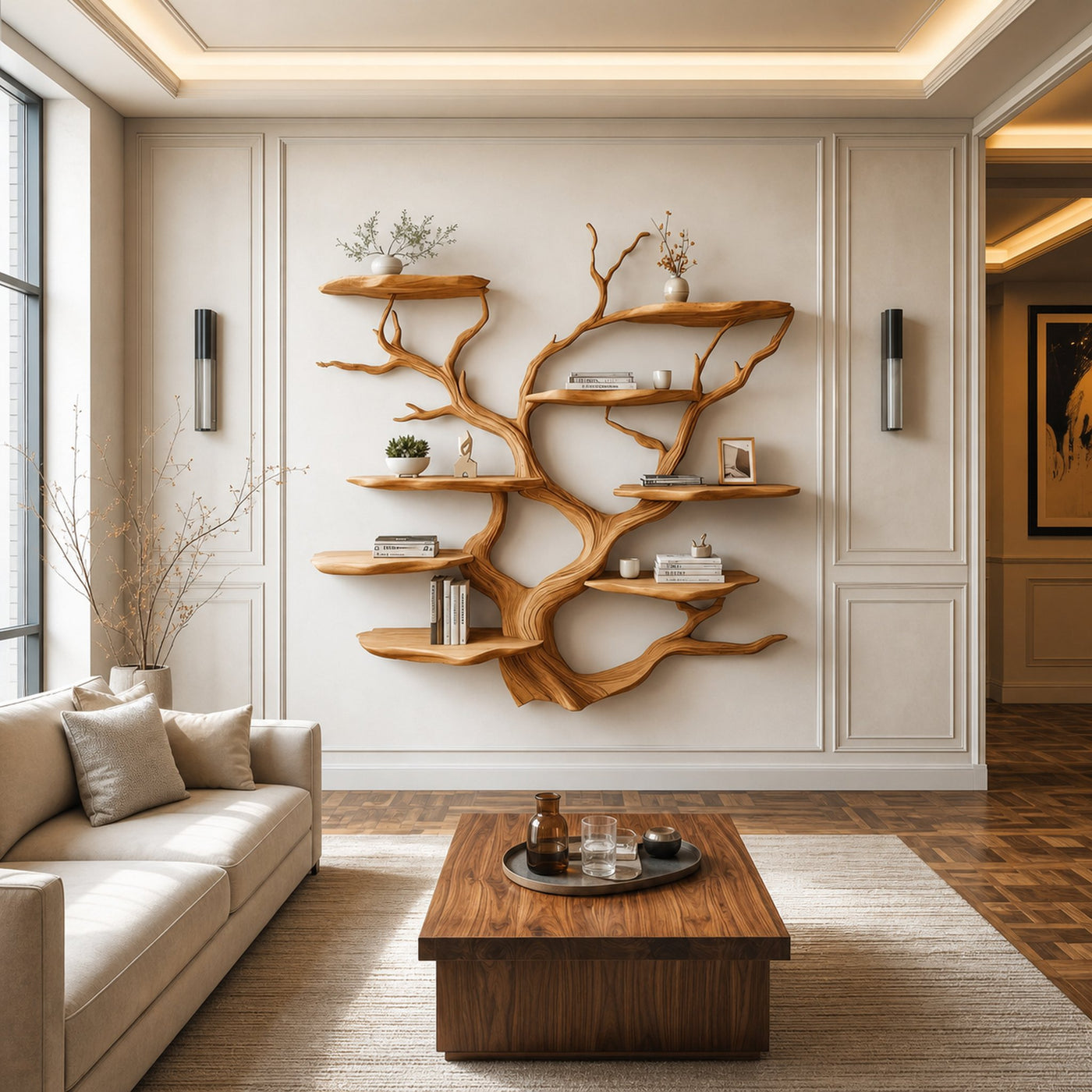 Sculptural Branch Wall Shelf Solid Wood Living Room Interior Artistic Feature - product view 2