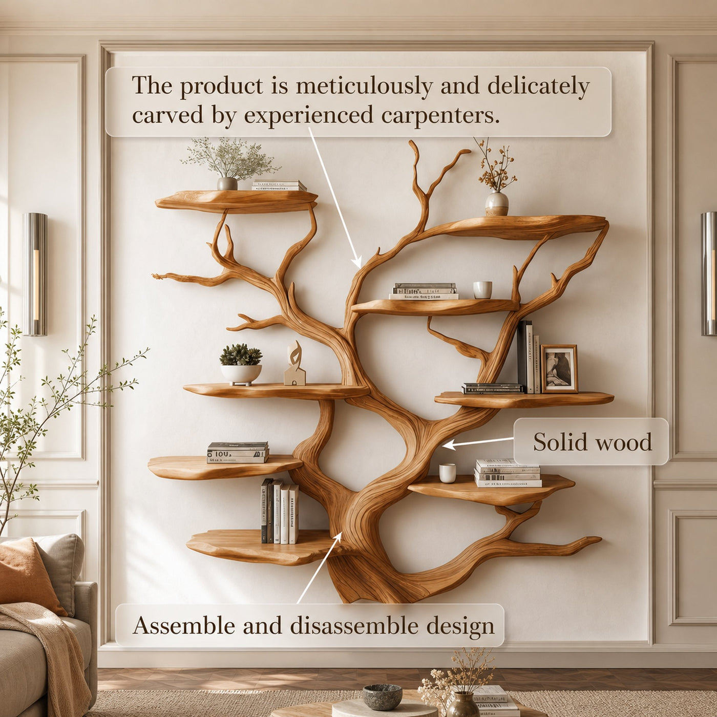Sculptural Branch Wall Shelf Solid Wood Living Room Interior Artistic Feature - product view 3