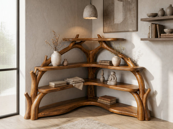 Sculptural Corner Bookcase With Natural Branch Design For Living Room