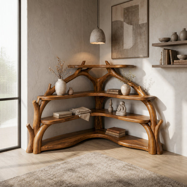 Sculptural Corner Bookcase With Natural Branch Design For Living Room