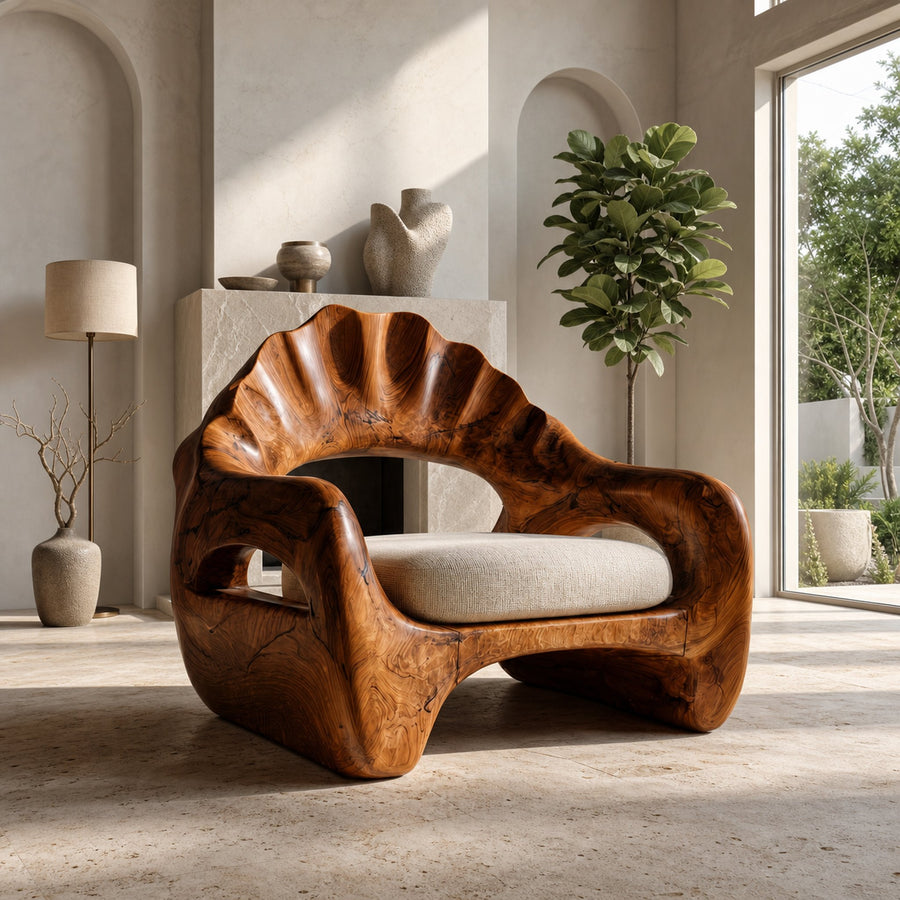 Sculptural Lounge Chair With Handcrafted Wooden Structure For Living Room