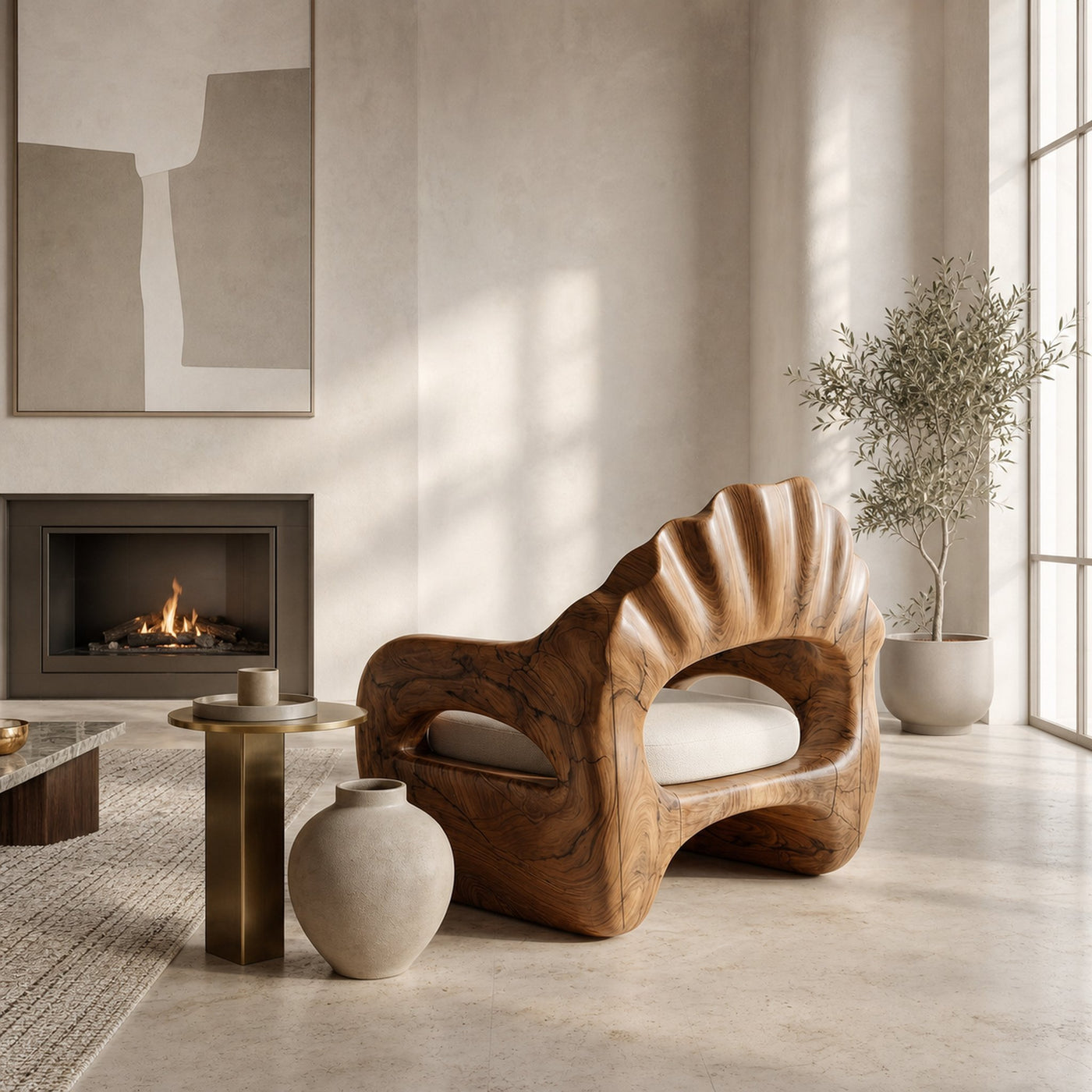 Sculptural Lounge Chair With Handcrafted Wooden Structure For Living Room - product view 2