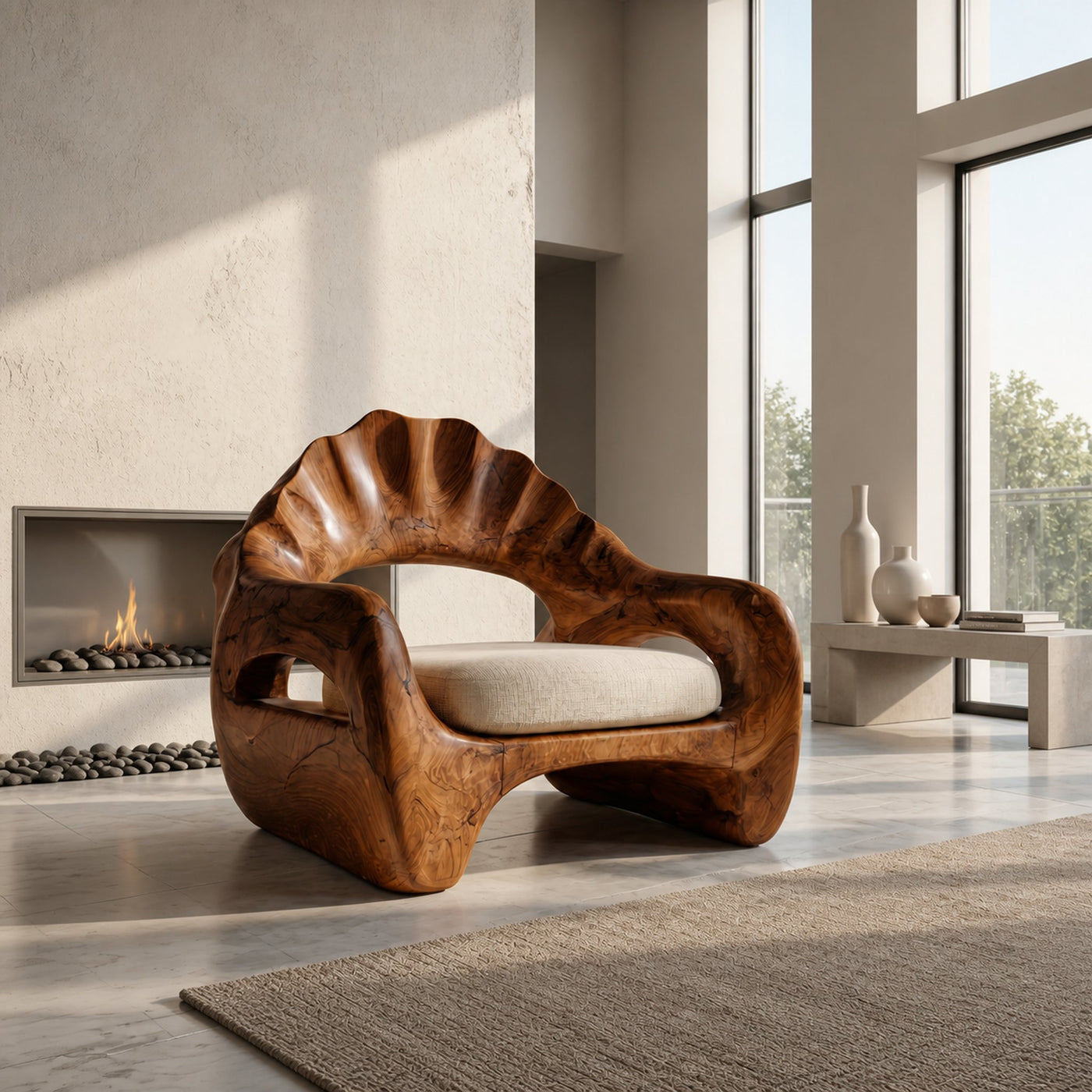 Sculptural Lounge Chair With Handcrafted Wooden Structure For Living Room - product view 6