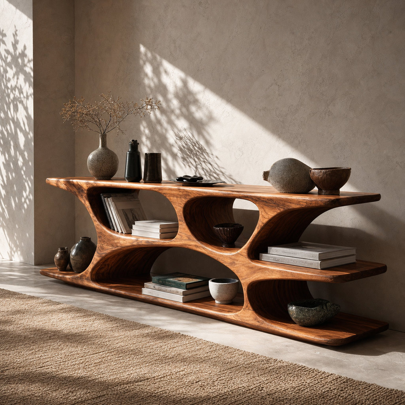 Sculptural Low Bookshelf With Multi Display Compartment For Living Room