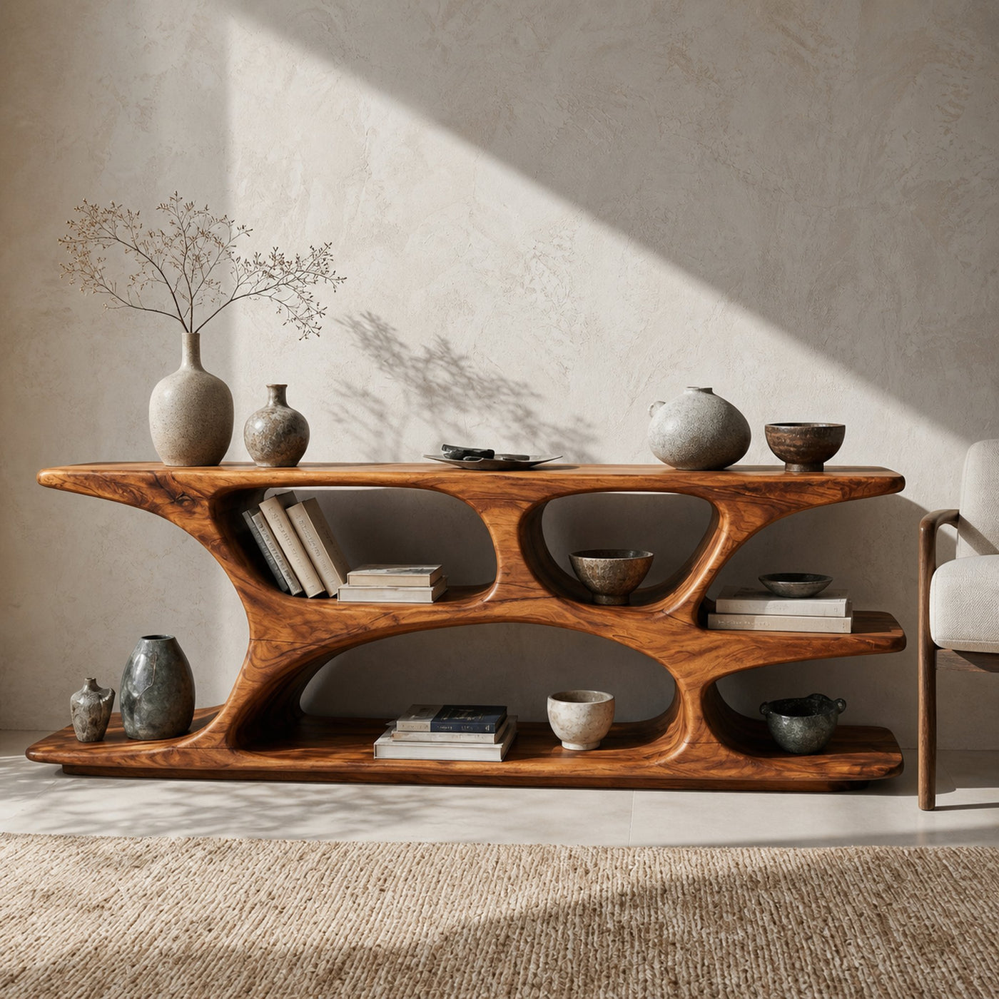 Sculptural Low Bookshelf With Multi Display Compartment For Living Room - product view 6