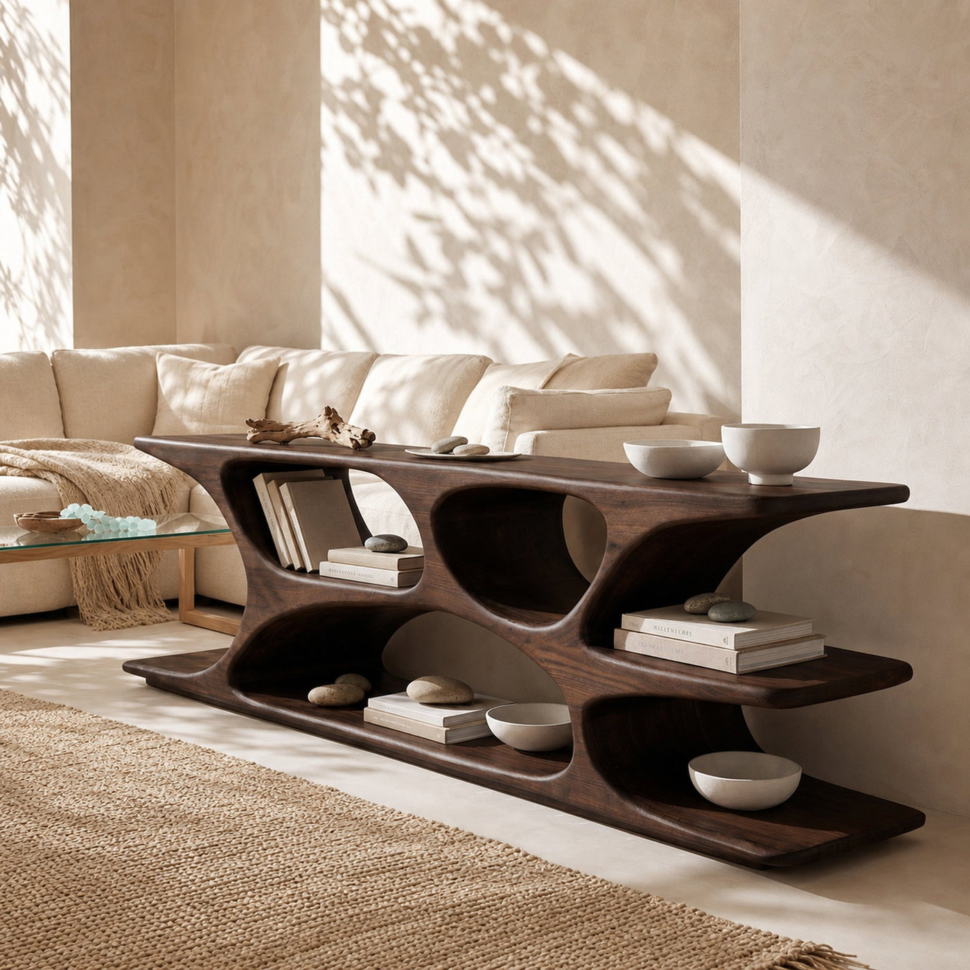Sculptural Low Bookshelf With Multi Display Compartment For Living Room - product view 7