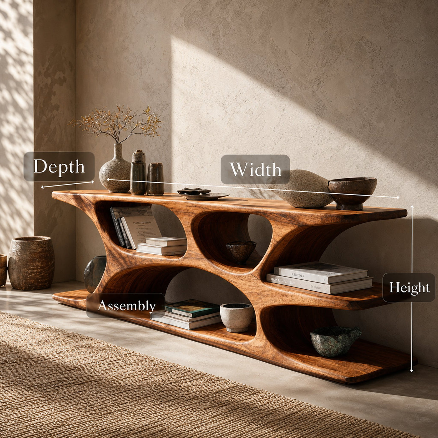 Sculptural Low Bookshelf With Multi Display Compartment For Living Room - product view 8
