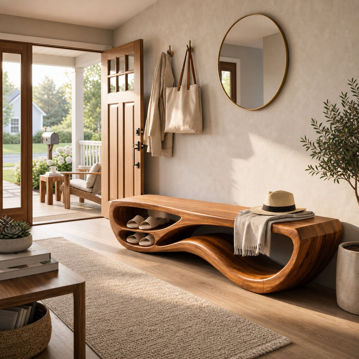 Sculptural Natural Wood Bench With Integrated Shelving For Hallway