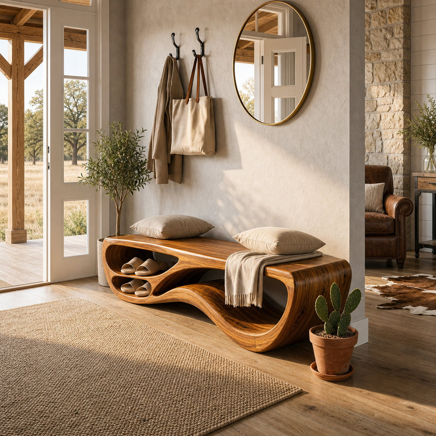 Sculptural Natural Wood Bench With Integrated Shelving For Hallway - product view 6