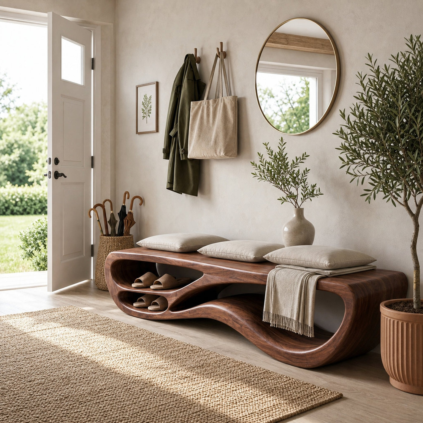 Sculptural Natural Wood Bench With Integrated Shelving For Hallway - product view 7