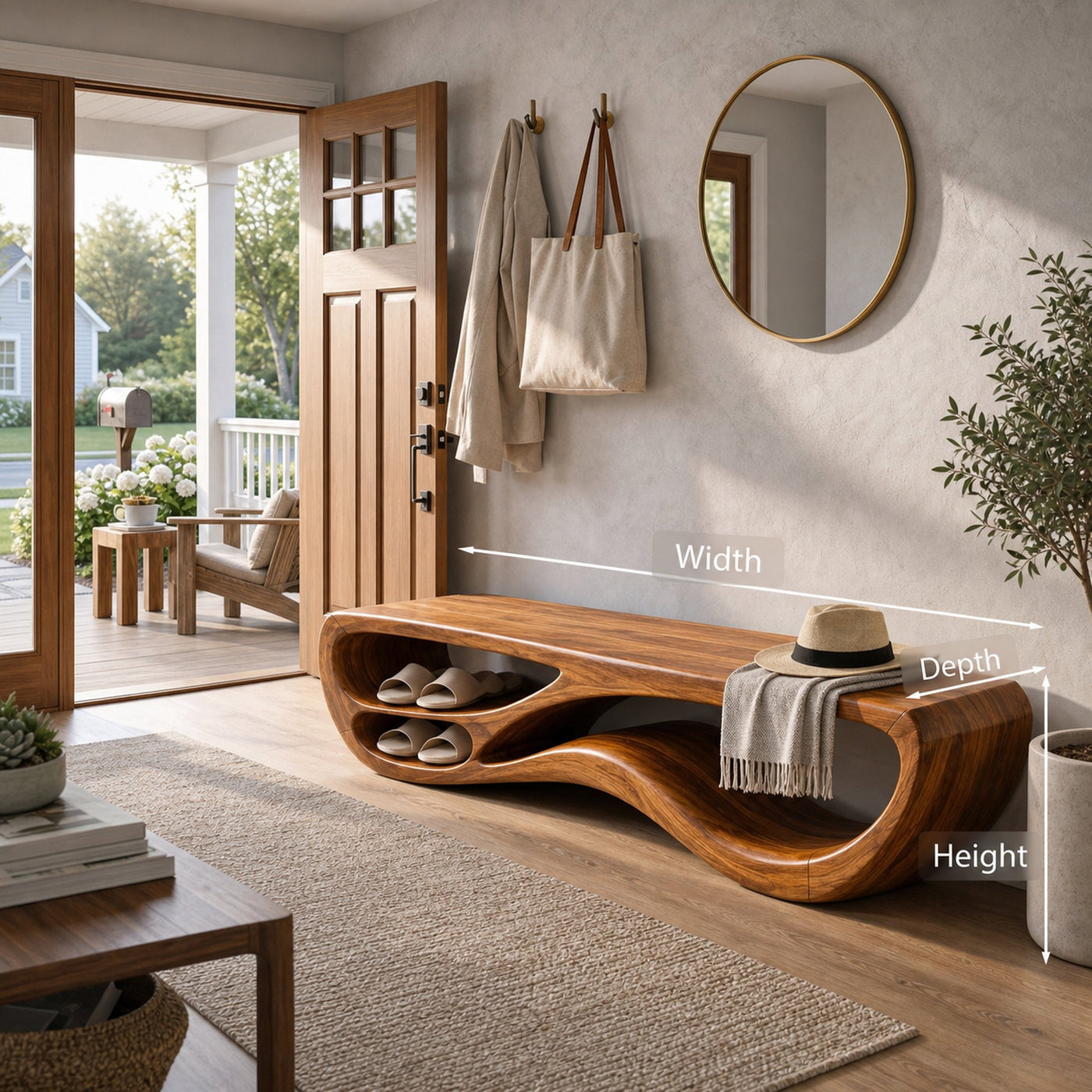 Sculptural Natural Wood Bench With Integrated Shelving For Hallway - product view 8