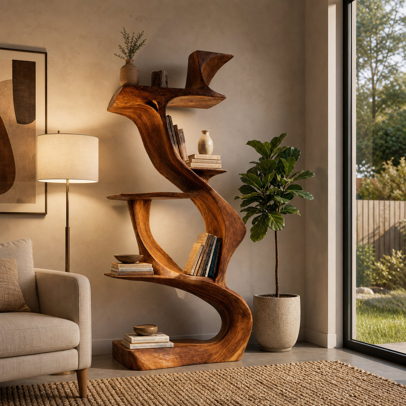 Sculptural Natural Wood Bookshelf For Living Room