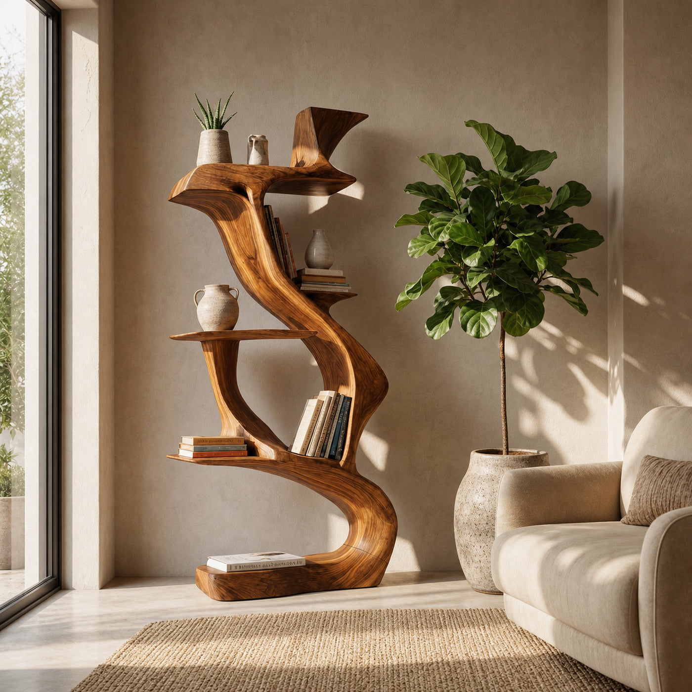 Sculptural Natural Wood Bookshelf For Living Room - product view 6