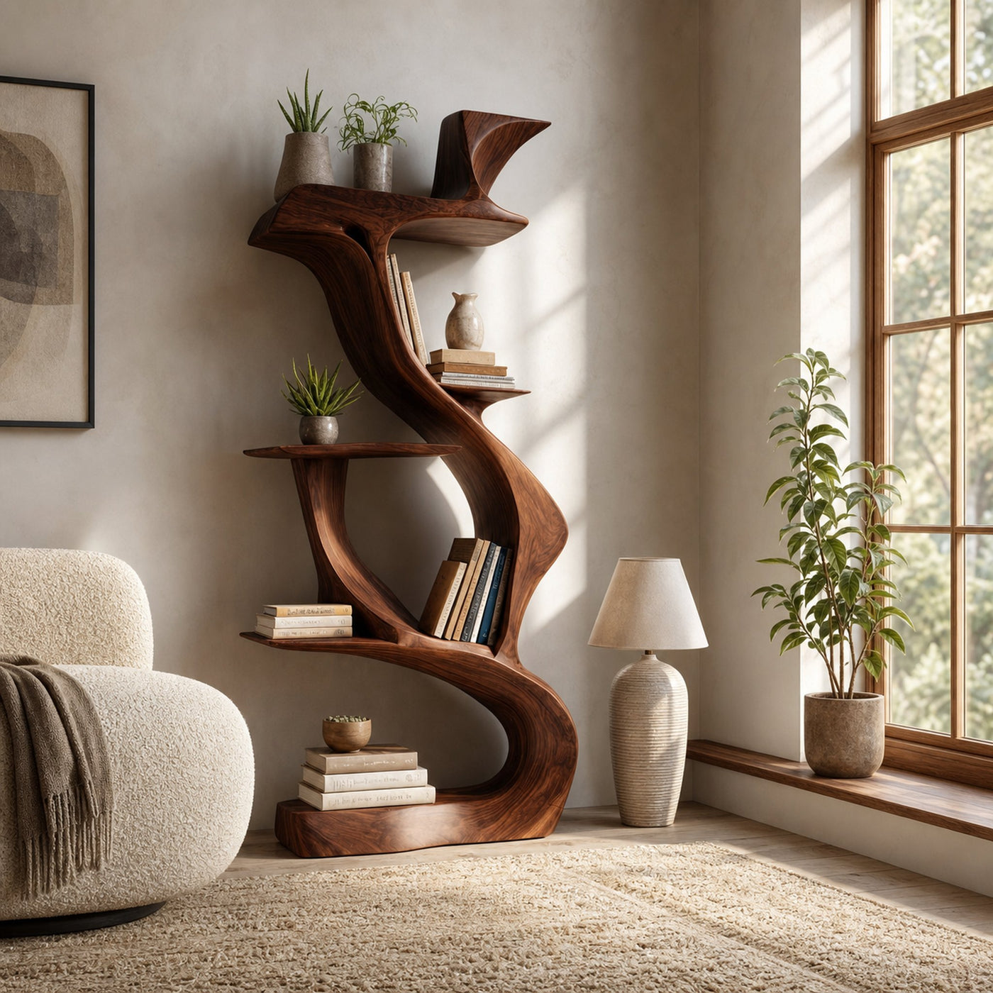 Sculptural Natural Wood Bookshelf For Living Room - product view 7