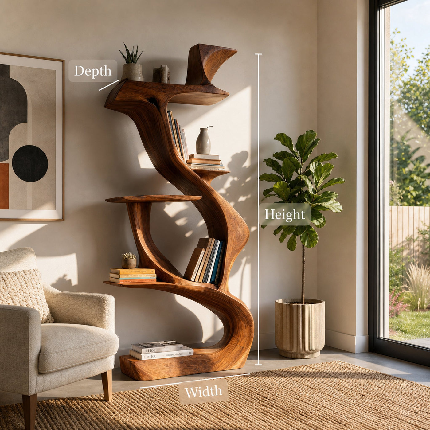 Sculptural Natural Wood Bookshelf For Living Room - product view 8