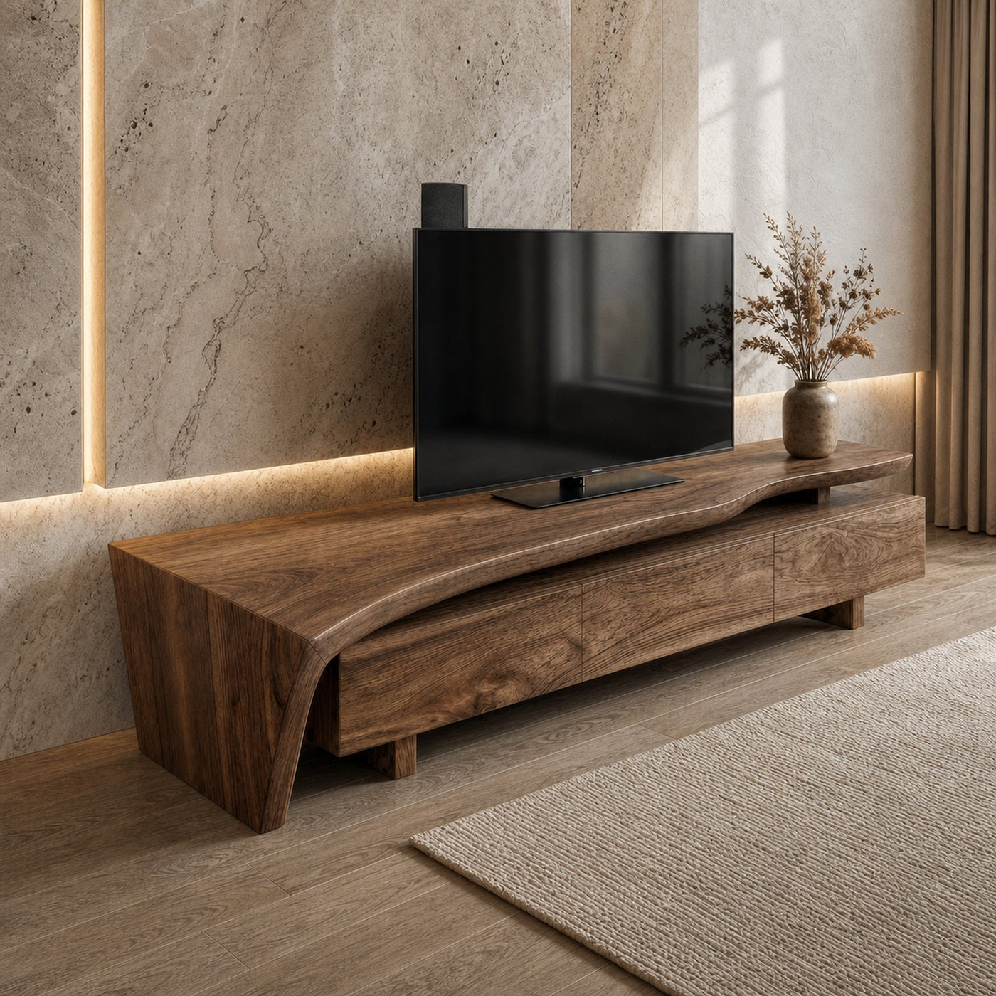 Sculptural Rustic TV Cabinet Solid Wood Living Room