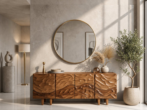 Sculptural Sideboard With Flowing Wood Grain Doors For Living Room