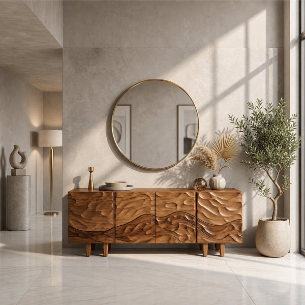 Sculptural Sideboard With Flowing Wood Grain Doors For Living Room