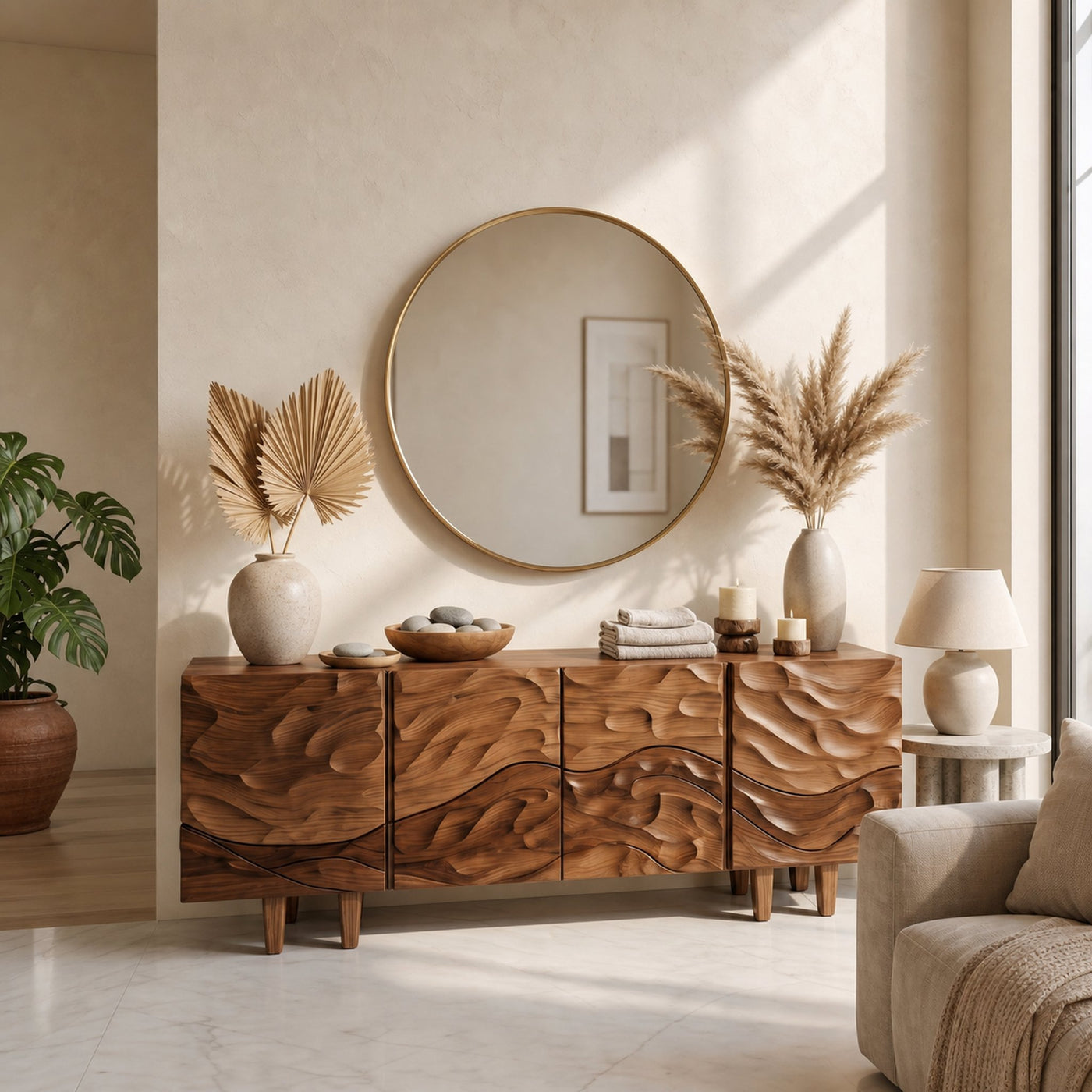 Sculptural Sideboard With Flowing Wood Grain Doors For Living Room - product view 6