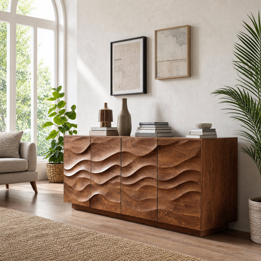 Sculptural Sideboard With Wave Carved Front For Living Room