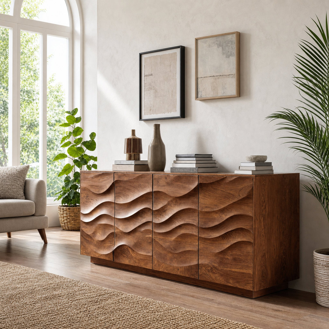 Sculptural Sideboard With Wave Carved Front For Living Room