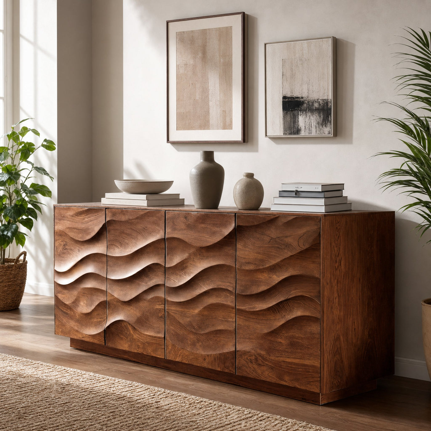 Sculptural Sideboard With Wave Carved Front For Living Room - product view 2