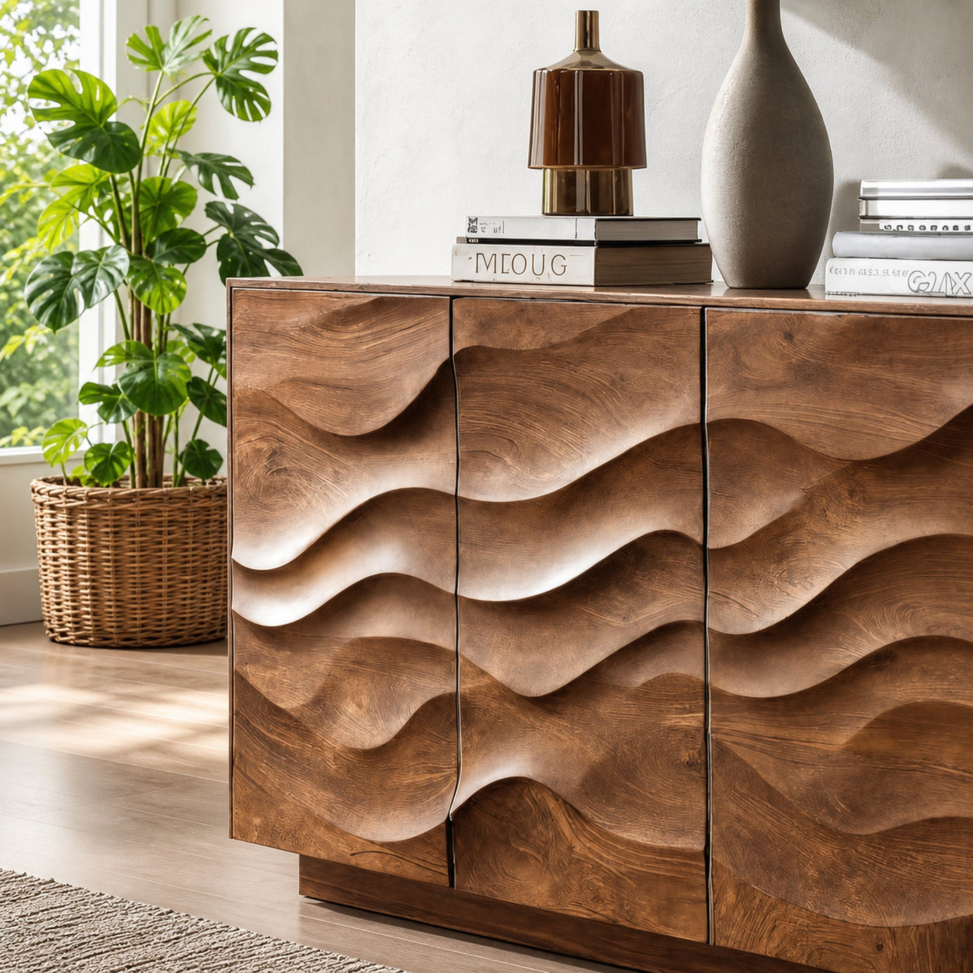 Sculptural Sideboard With Wave Carved Front For Living Room - product view 3