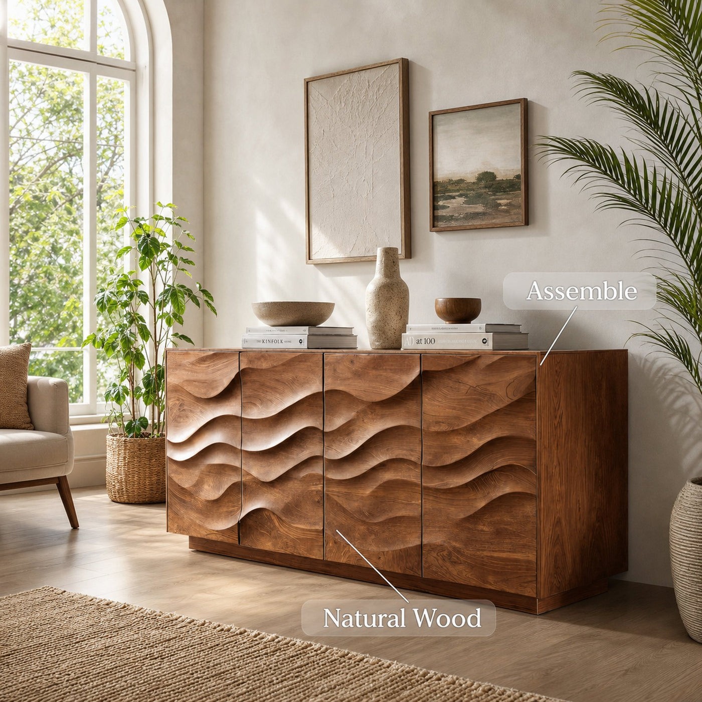 Sculptural Sideboard With Wave Carved Front For Living Room - product view 5