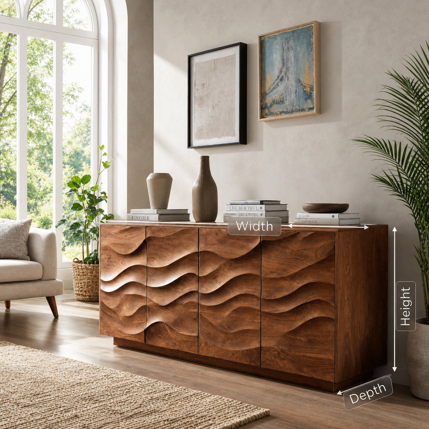 Sculptural Sideboard With Wave Carved Front For Living Room - product view 6