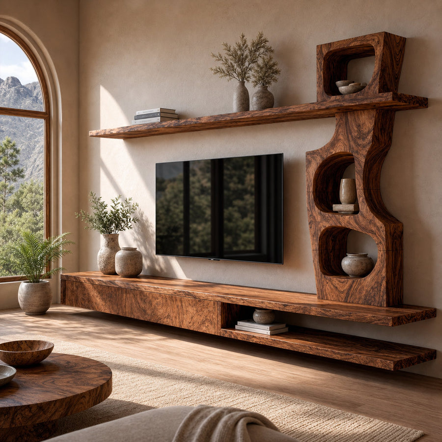 Sculptural TV Cabinet With Tree Inspired Storage Shelves For Living Room