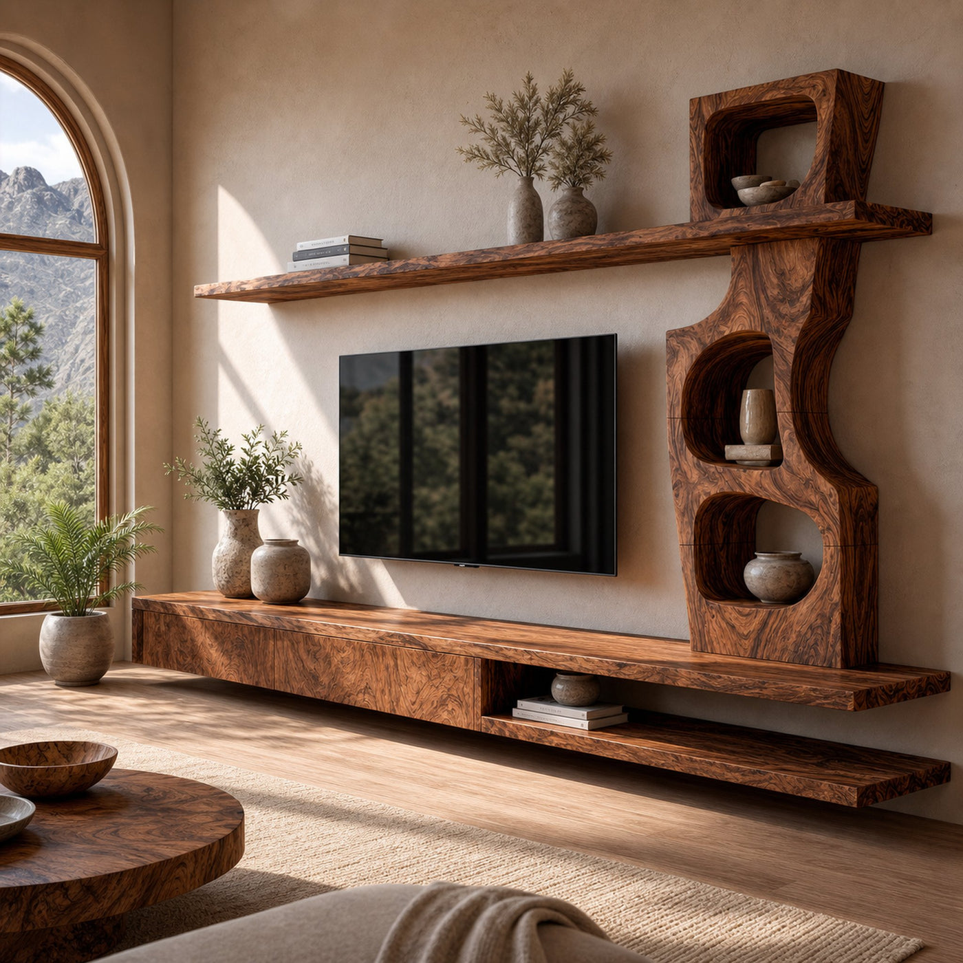 Sculptural TV Cabinet With Tree Inspired Storage Shelves For Living Room