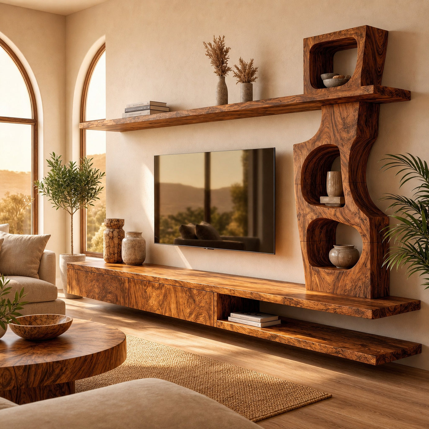Sculptural TV Cabinet With Tree Inspired Storage Shelves For Living Room - product view 6