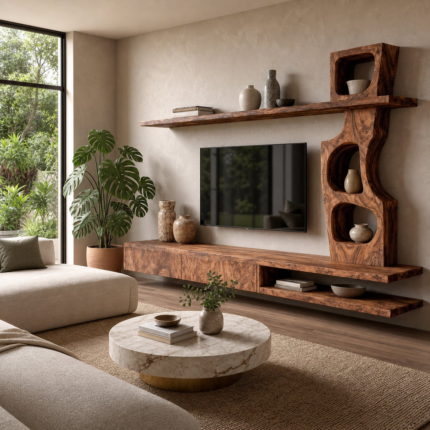 Sculptural TV Cabinet With Tree Inspired Storage Shelves For Living Room - product view 7