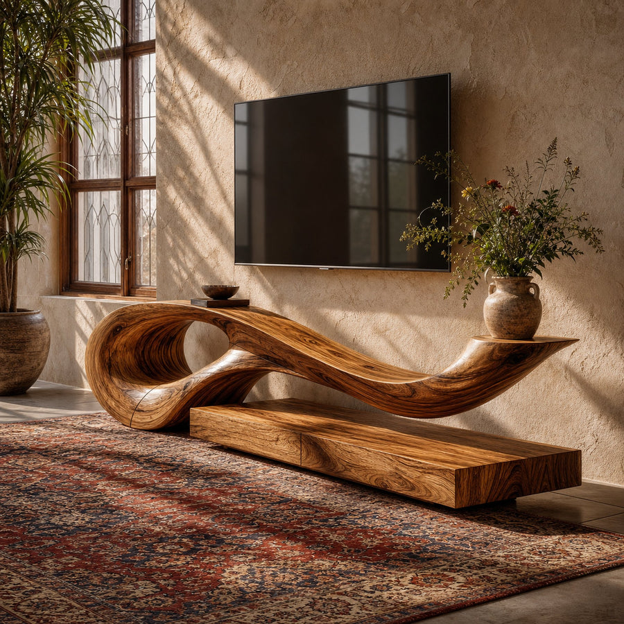Sculptural TV Cabinet With Unique Flowing Curve Wood Base And Solid Wood Media Console For Living Room