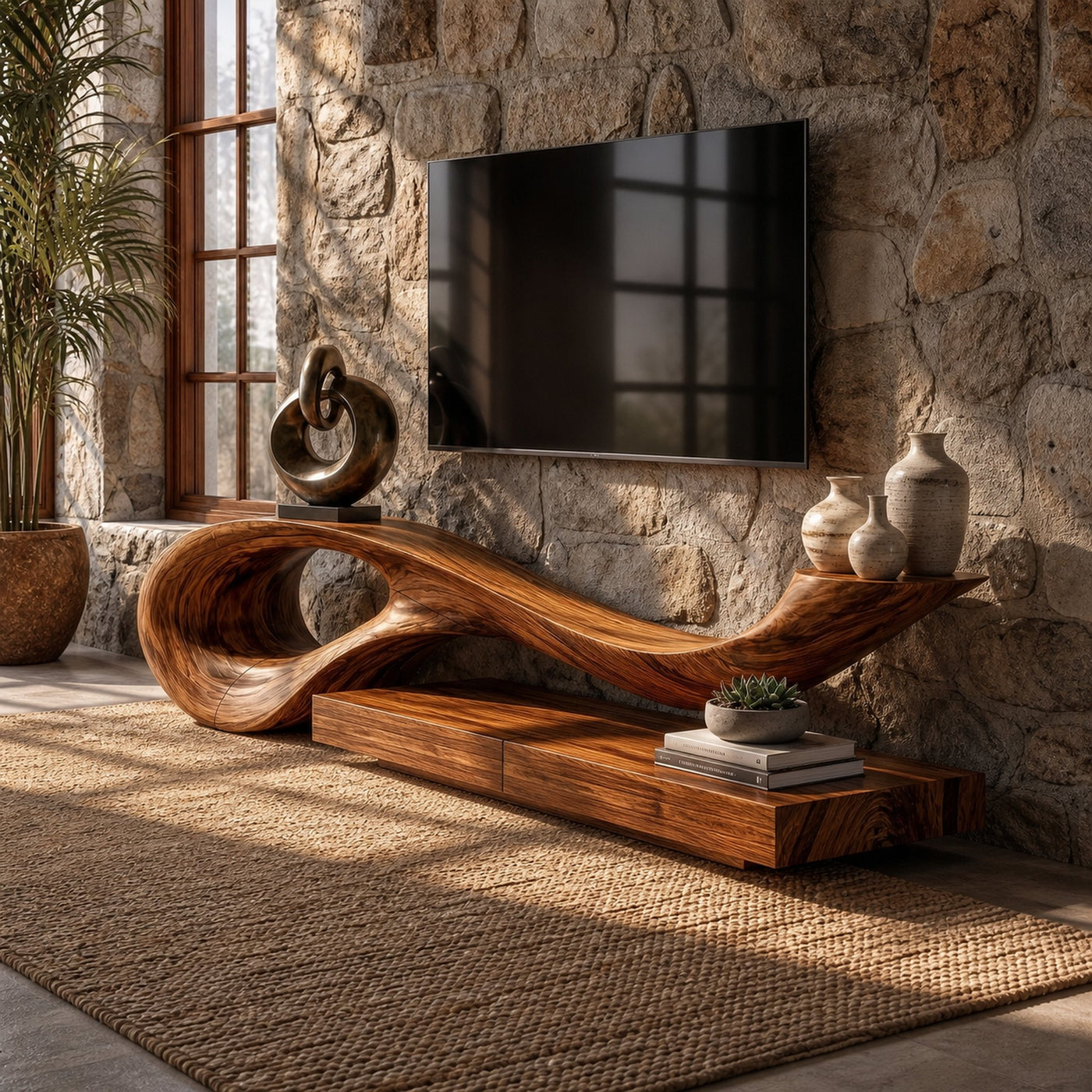 Sculptural TV Cabinet With Unique Flowing Curve Wood Base And Solid Wood Media Console For Living Room - product view 6