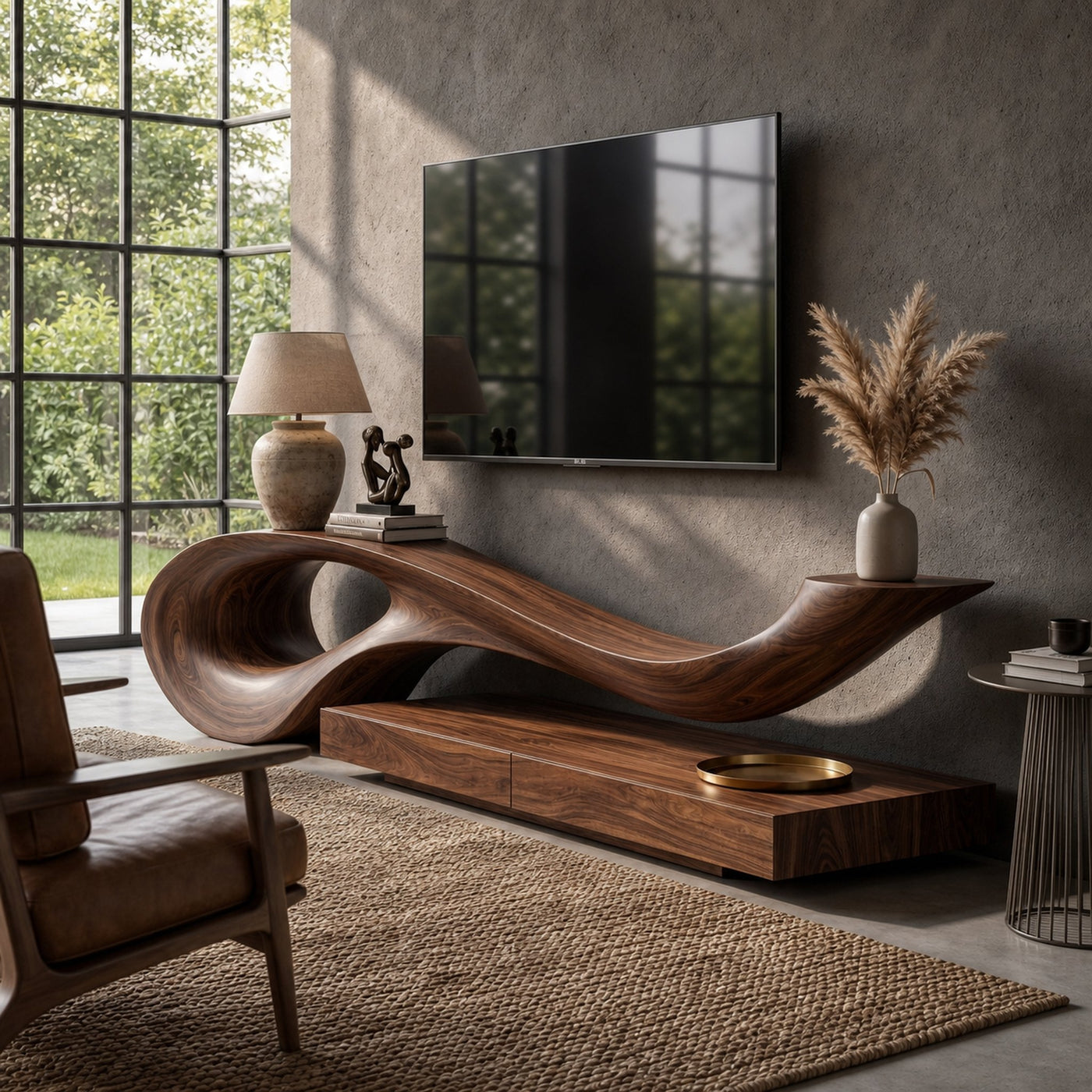 Sculptural TV Cabinet With Unique Flowing Curve Wood Base And Solid Wood Media Console For Living Room - product view 7