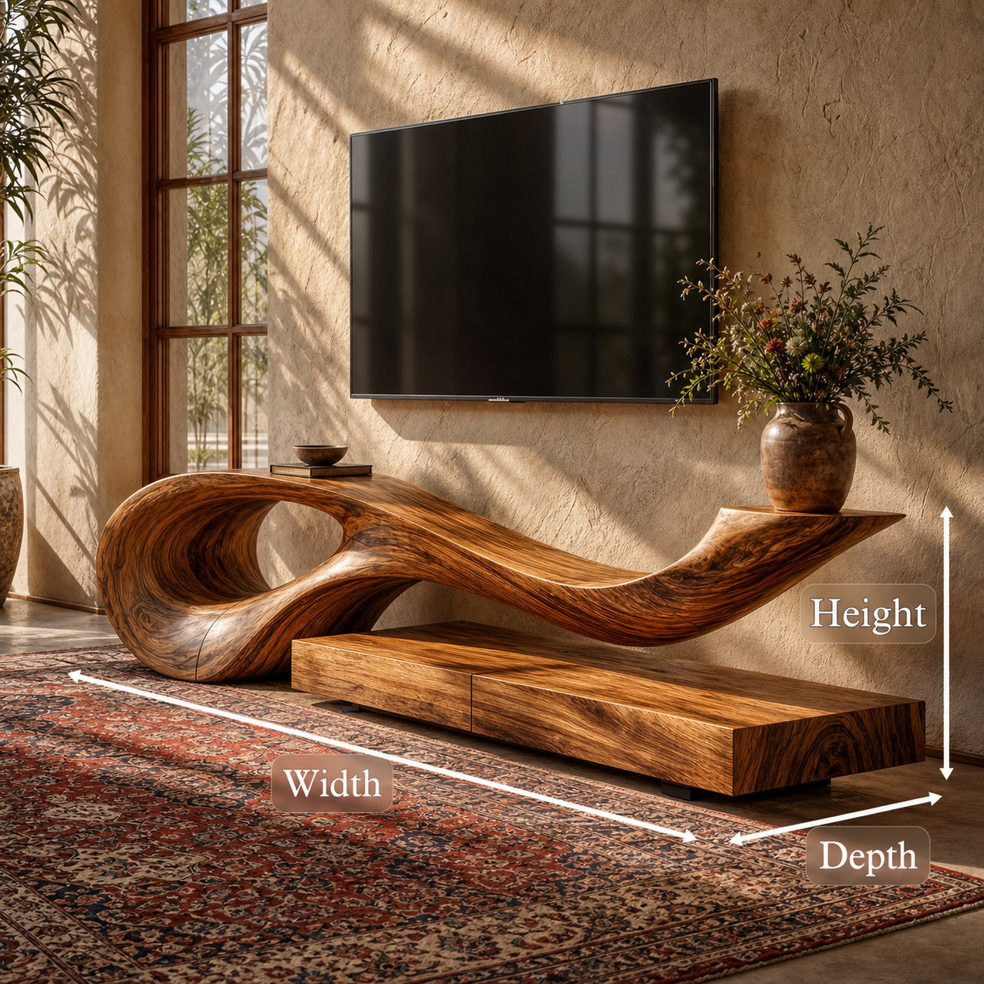 Sculptural TV Cabinet With Unique Flowing Curve Wood Base And Solid Wood Media Console For Living Room - product view 8