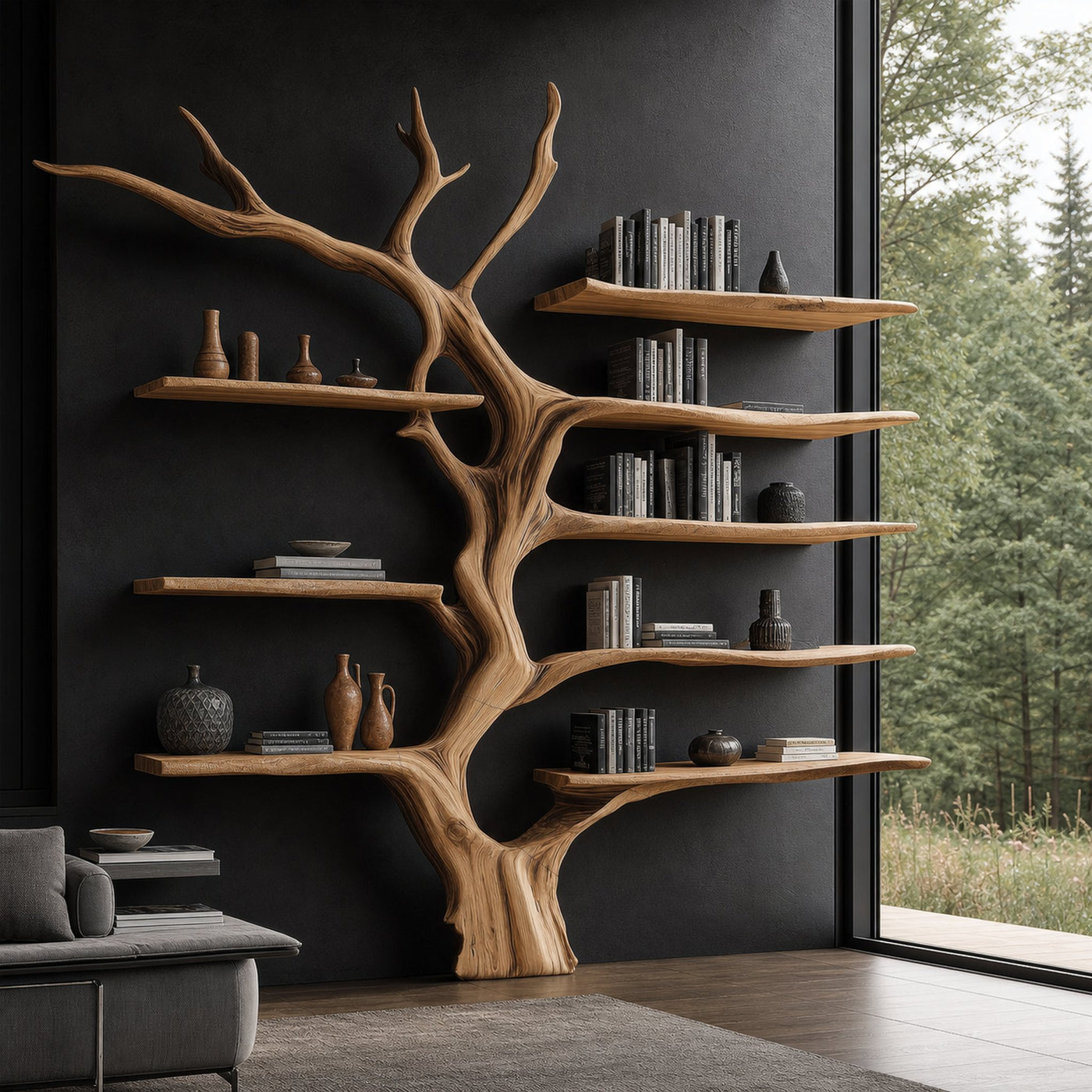 Sculptural Tree Bookcase Artistic Wooden Wall Shelf