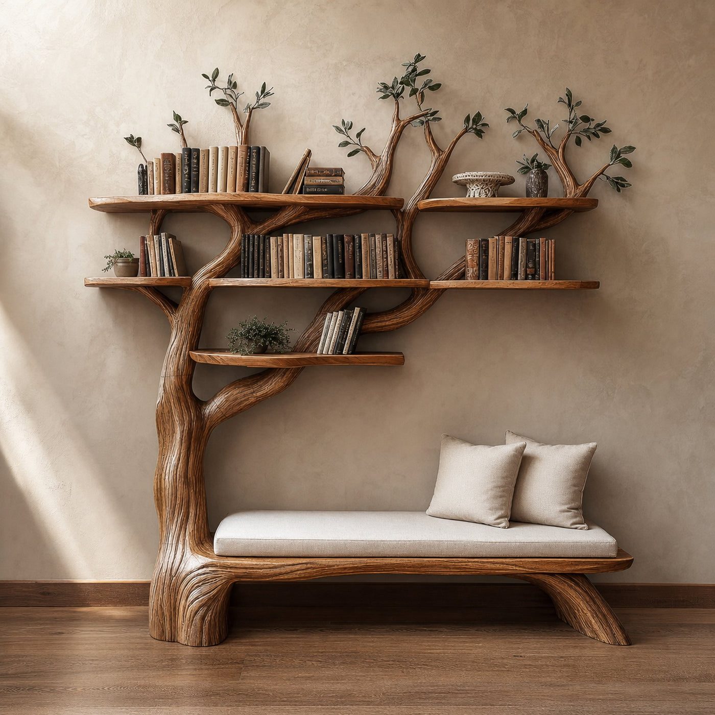 Sculptural Tree Bookshelf Bench Living Room Interior Integrated Display
