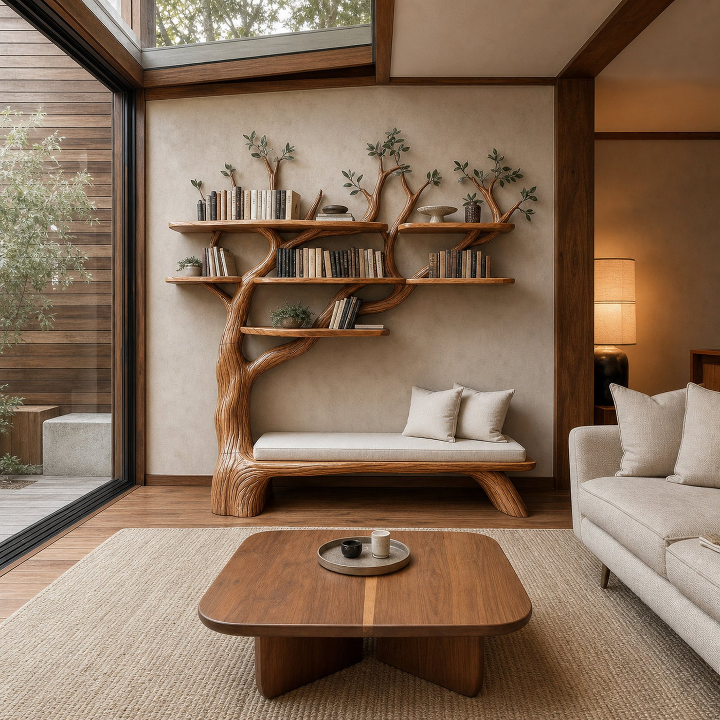Sculptural Tree Bookshelf Bench Living Room Interior Integrated Display - product view 2