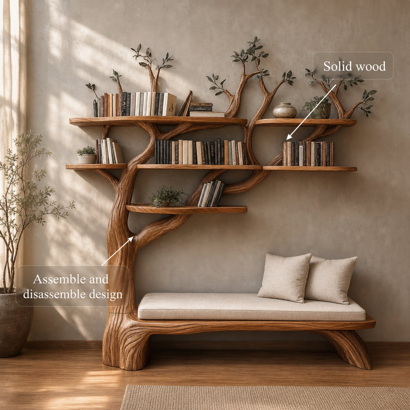 Sculptural Tree Bookshelf Bench Living Room Interior Integrated Display - product view 3