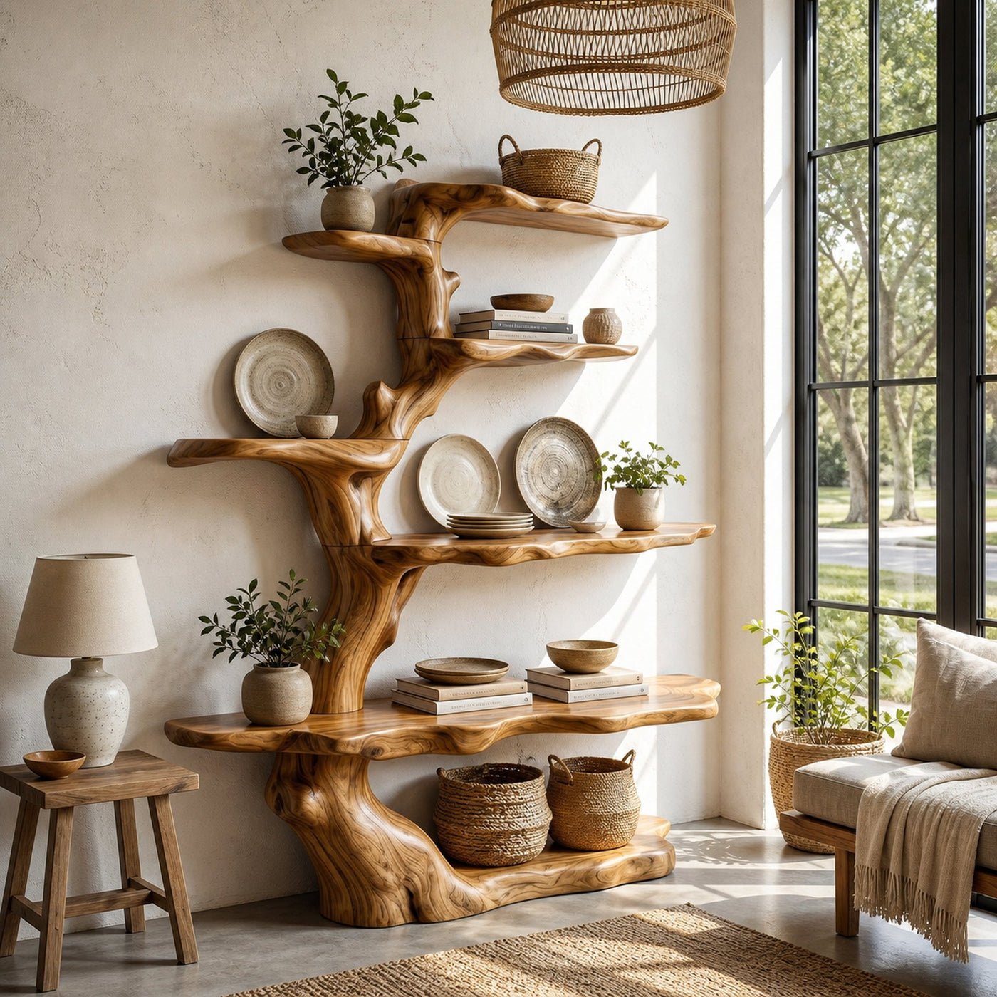 Sculptural Tree Bookshelf Natural Wood Storage For Reading Nook