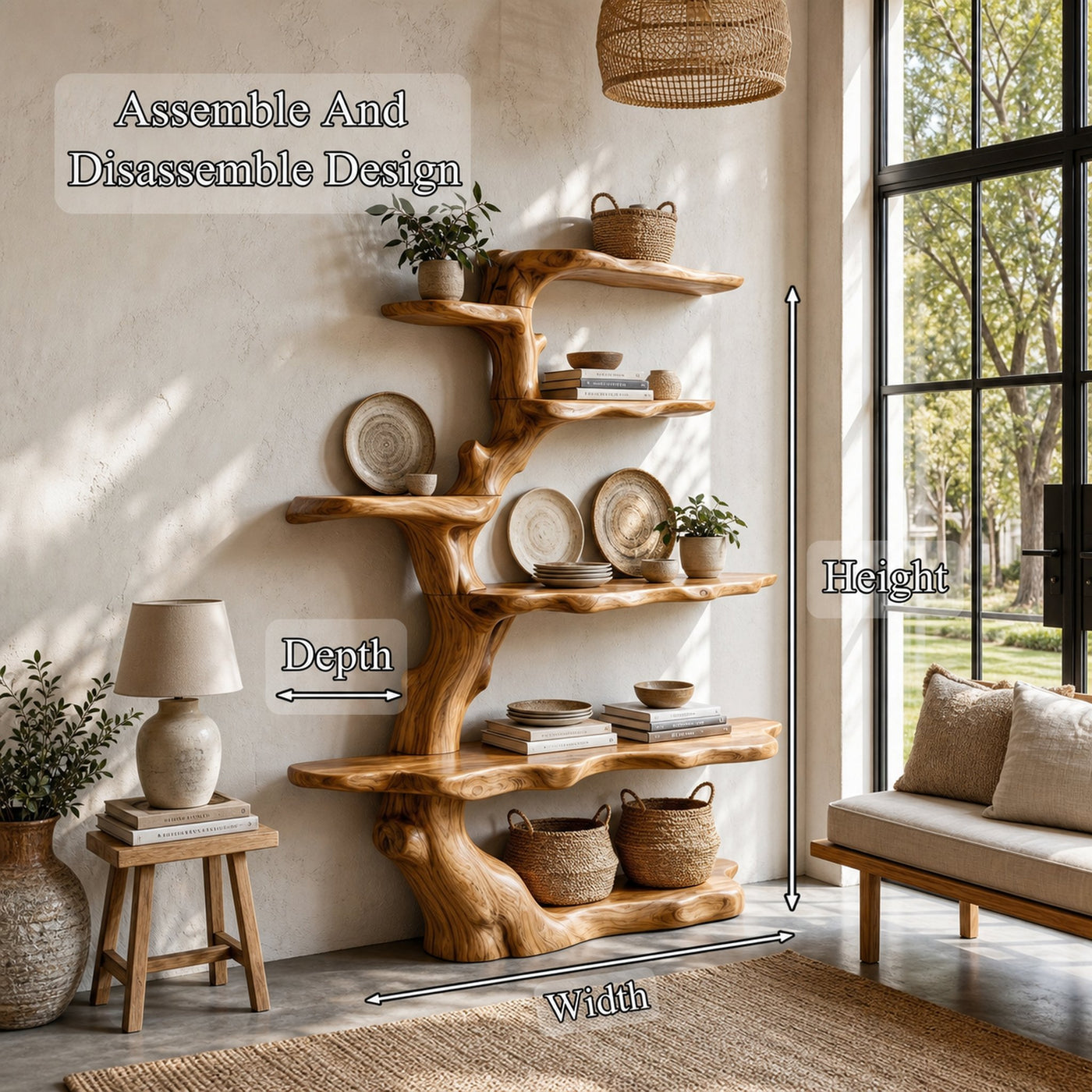 Sculptural Tree Bookshelf Natural Wood Storage For Reading Nook - product view 8
