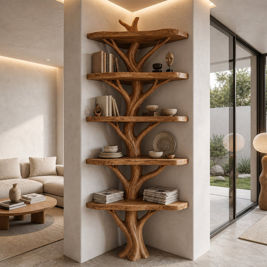 Sculptural Tree Bookshelf With Multi Tier Open Shelving For Reading Corner