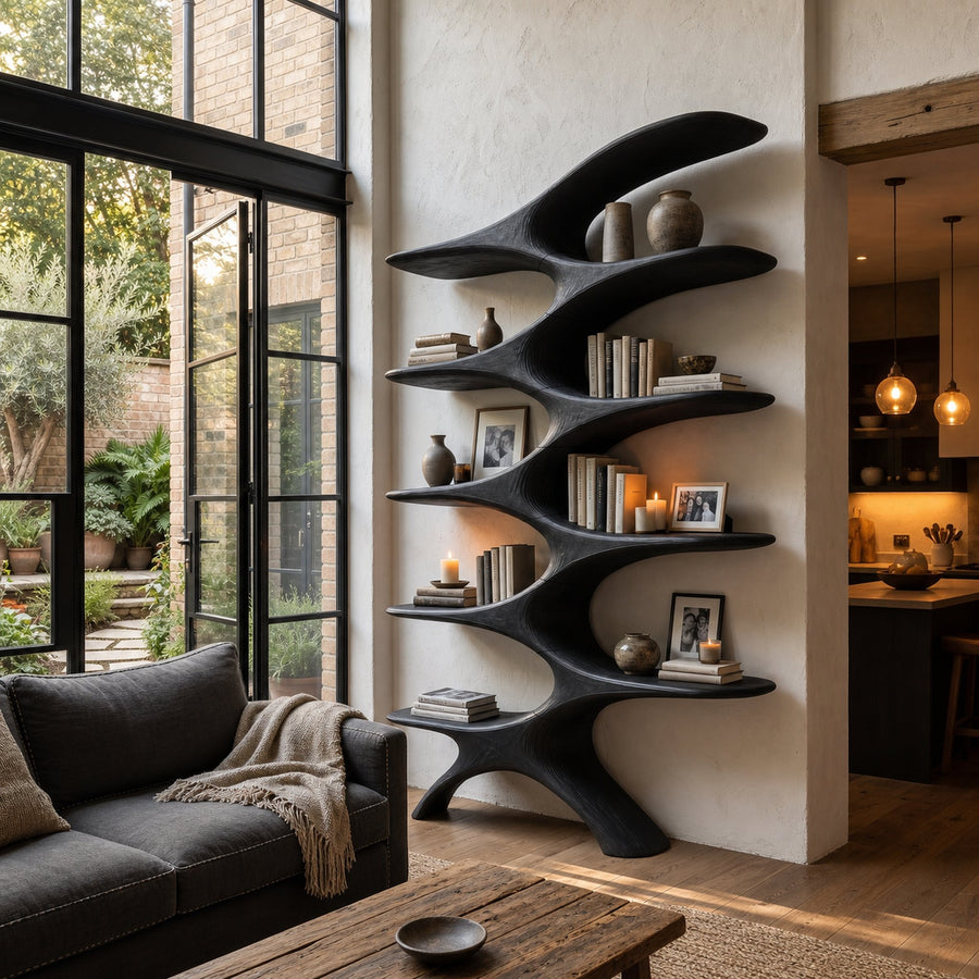 Sculptural Wall Bookcase With Organic Multi Tier Shelves For Living Room